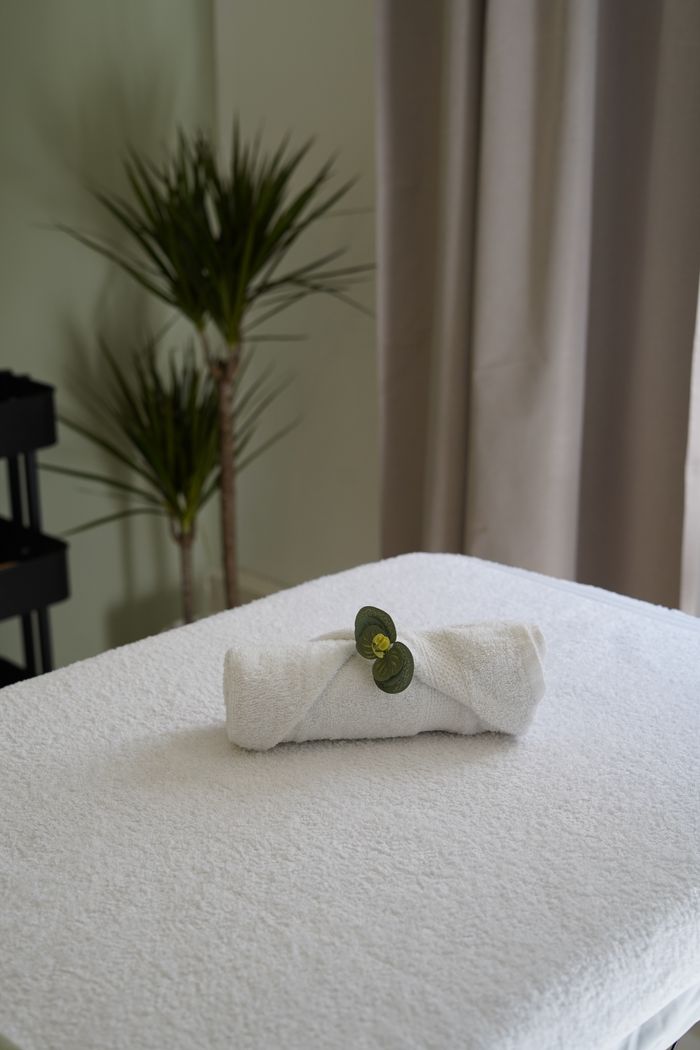 Calm spa setting showcasing a neatly folded towel and indoor plant, ideal for relaxation and wellness themes.
